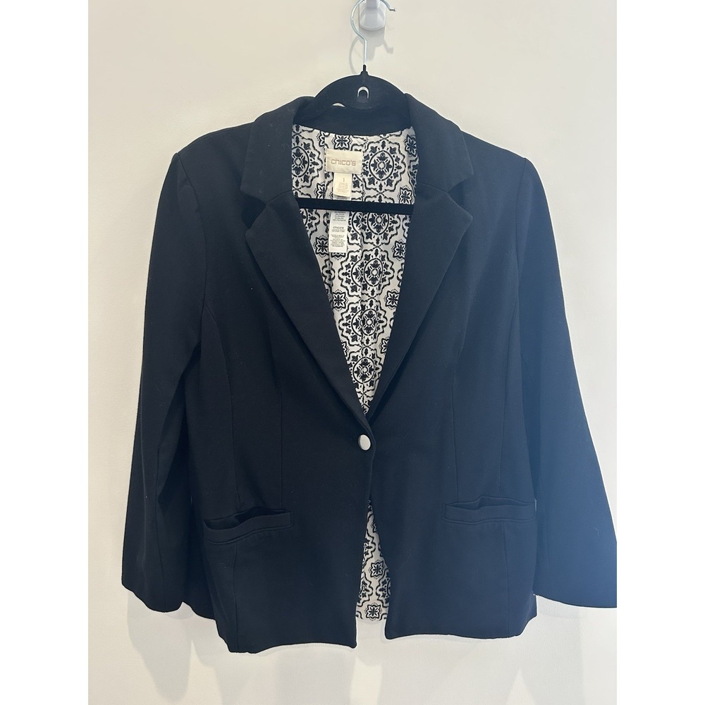 Chico's Women's Blazer Jacket Size 1 Black Button Front Lined Stretch 3/4 Slv